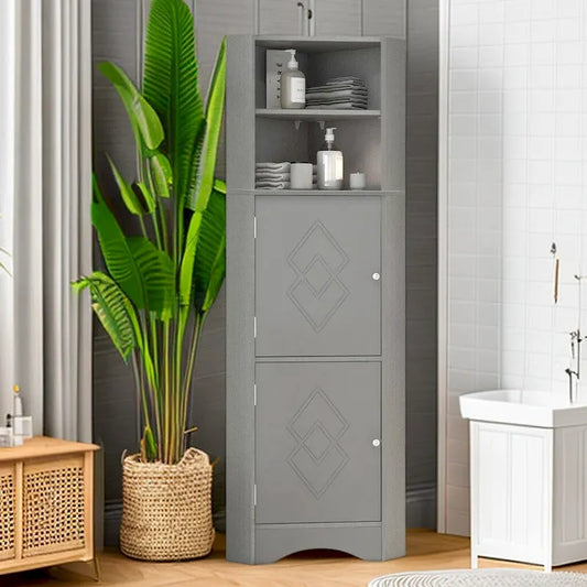 61 H Bathroom Cabinet, Freestanding Floor Storage Cabinet with Open Shelf & Doors