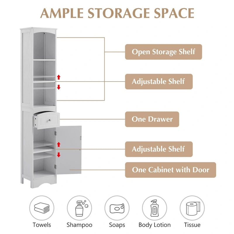 67 Tall Bathroom Storage Cabinet, Modern Narrow Display Cupboard Stand with Drawer and Adjustable Shelf