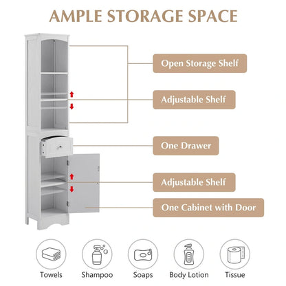 67 Tall Bathroom Storage Cabinet, Modern Narrow Display Cupboard Stand with Drawer and Adjustable Shelf