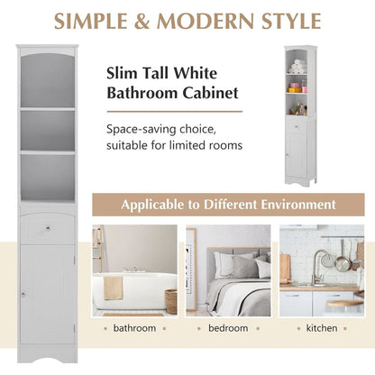 67 Tall Bathroom Storage Cabinet, Modern Narrow Display Cupboard Stand with Drawer and Adjustable Shelf