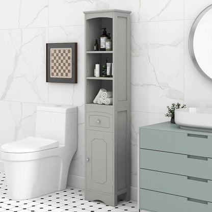 67 Tall Bathroom Storage Cabinet, Modern Narrow Display Cupboard Stand with Drawer and Adjustable Shelf