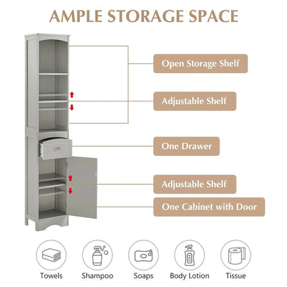 67 Tall Bathroom Storage Cabinet, Modern Narrow Display Cupboard Stand with Drawer and Adjustable Shelf