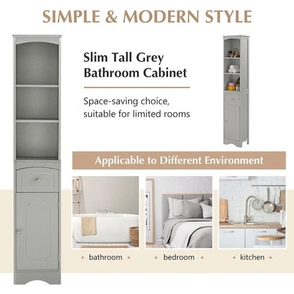 67 Tall Bathroom Storage Cabinet, Modern Narrow Display Cupboard Stand with Drawer and Adjustable Shelf