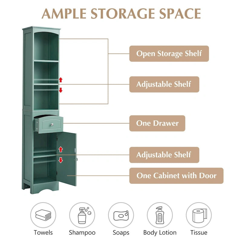 67 Tall Bathroom Storage Cabinet, Modern Narrow Display Cupboard Stand with Drawer and Adjustable Shelf