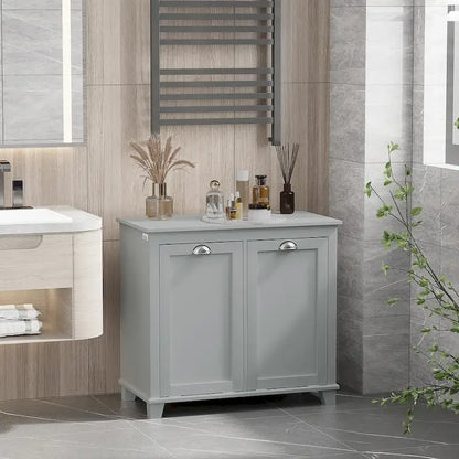 Bathroom Storage Organizer with Two-Compartment Tilt-Out Hamper