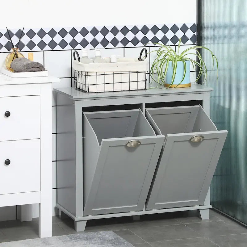 Bathroom Storage Organizer with Two-Compartment Tilt-Out Hamper