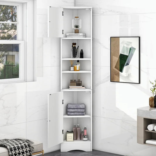 Tall Bathroom Storage Cabinet with Two Doors and Adjustable Shelves