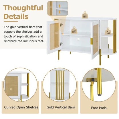 2-Door Elegant Curved Dining Cabinet with Gold Trim and Woven Rattan Doors for Dining Room