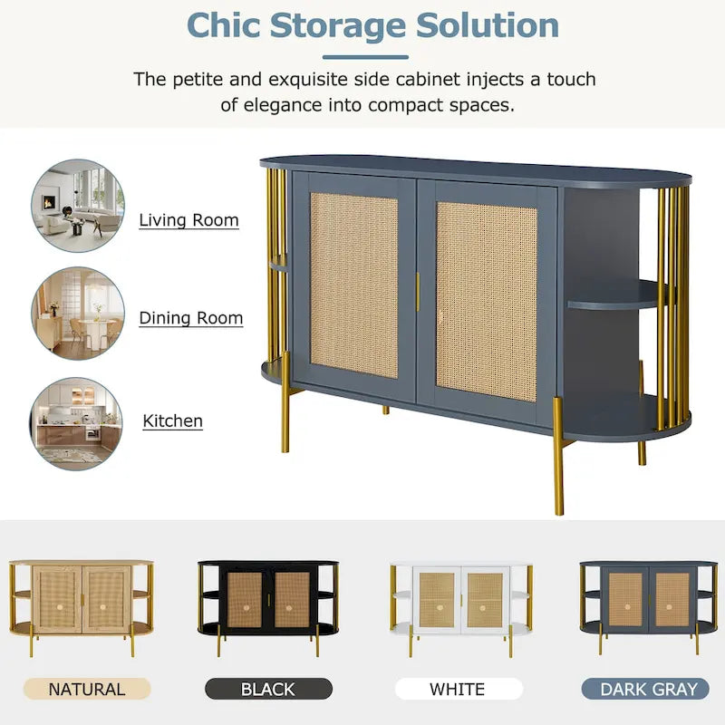 2-Door Elegant Curved Dining Cabinet with Gold Trim and Woven Rattan Doors for Dining Room