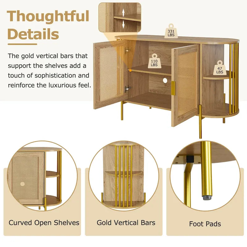 2-Door Elegant Curved Dining Cabinet with Gold Trim and Woven Rattan Doors for Dining Room