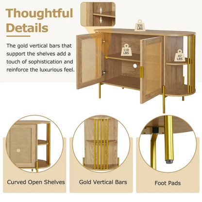 2-Door Elegant Curved Dining Cabinet with Gold Trim and Woven Rattan Doors for Dining Room