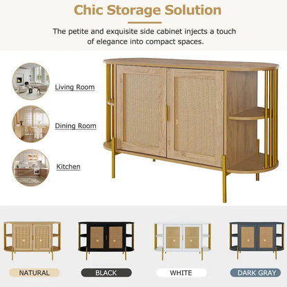 2-Door Elegant Curved Dining Cabinet with Gold Trim and Woven Rattan Doors for Dining Room