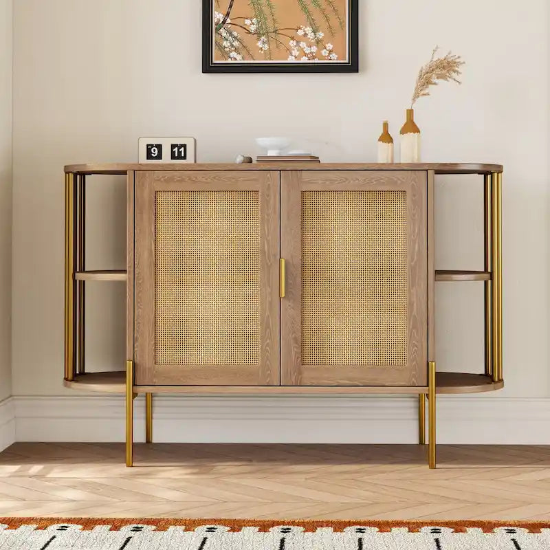 2-Door Elegant Curved Dining Cabinet with Gold Trim and Woven Rattan Doors for Dining Room