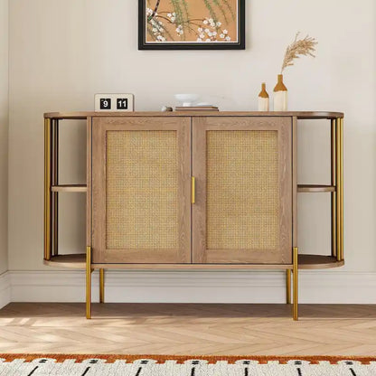 2-Door Elegant Curved Dining Cabinet with Gold Trim and Woven Rattan Doors for Dining Room