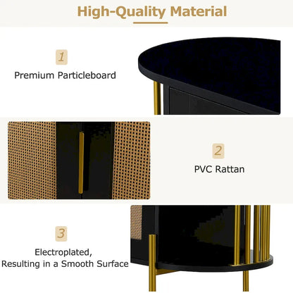 2-Door Elegant Curved Dining Cabinet with Gold Trim and Woven Rattan Doors for Dining Room