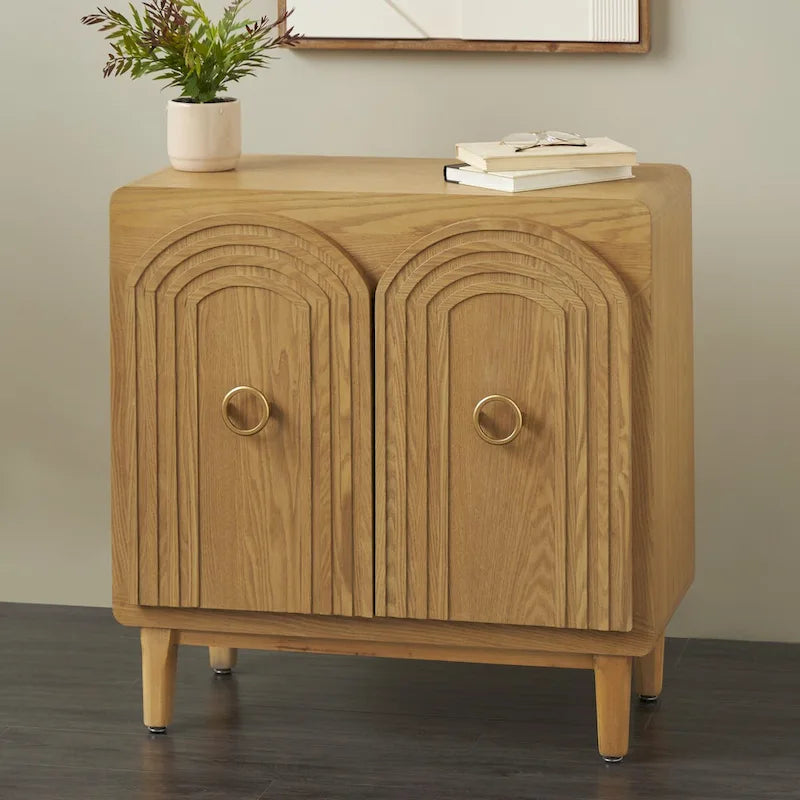 Wooden Geometric Art Deco Inspired Carved Arch 2 Door Room Cabinet with Gold Ring Handles - Brown - Roche River Decor