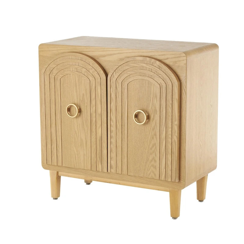 Wooden Geometric Art Deco Inspired Carved Arch 2 Door Room Cabinet with Gold Ring Handles - Brown - Roche River Decor