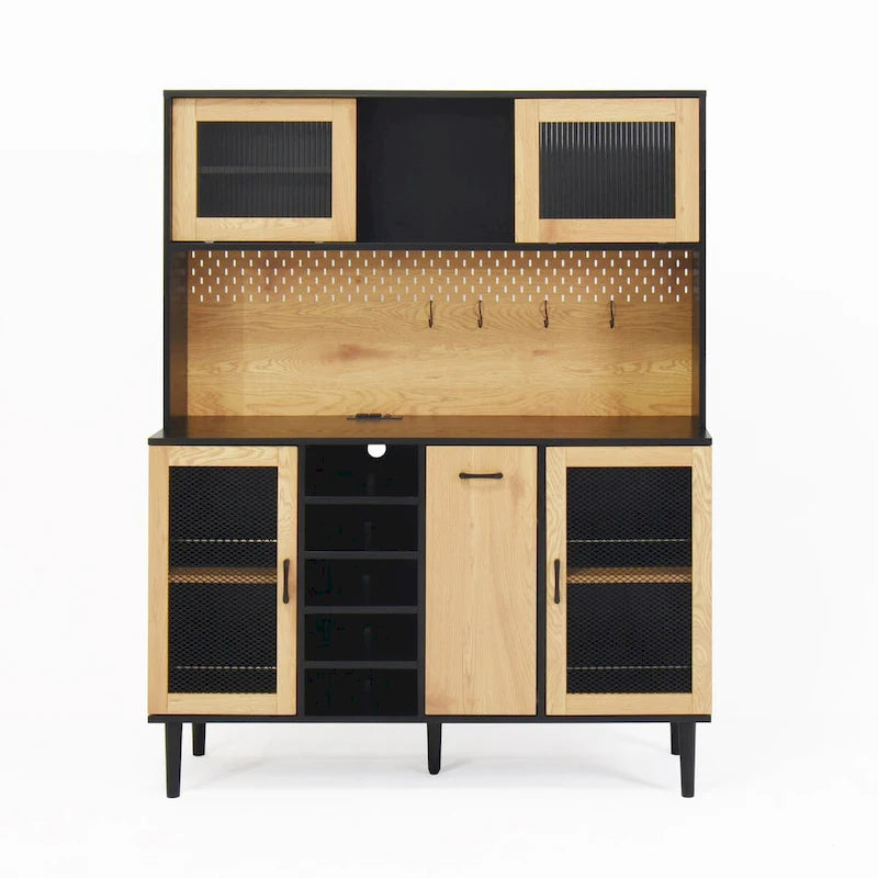 59 H Buffet Sideboard Cabinet with Storage Door & Power Outlet, Farmhouse Coffee Bar Cabinet with Wine Rack, Kitchen Pantry