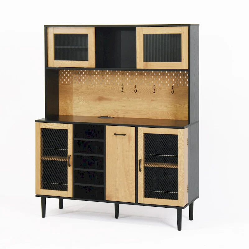 59 H Buffet Sideboard Cabinet with Storage Door & Power Outlet, Farmhouse Coffee Bar Cabinet with Wine Rack, Kitchen Pantry