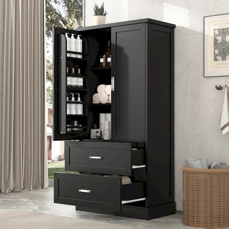 Tall Bathroom Storage Cabinet, Cabinet with Two Doors and Drawers, Adjustable Shelf, MDF Board, Black