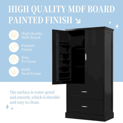 Tall Bathroom Storage Cabinet, Cabinet with Two Doors and Drawers, Adjustable Shelf, MDF Board, Black