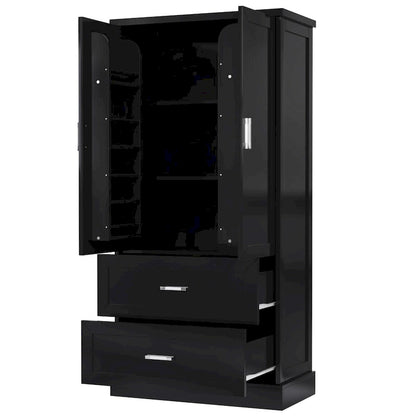 Tall Bathroom Storage Cabinet, Cabinet with Two Doors and Drawers, Adjustable Shelf, MDF Board, Black