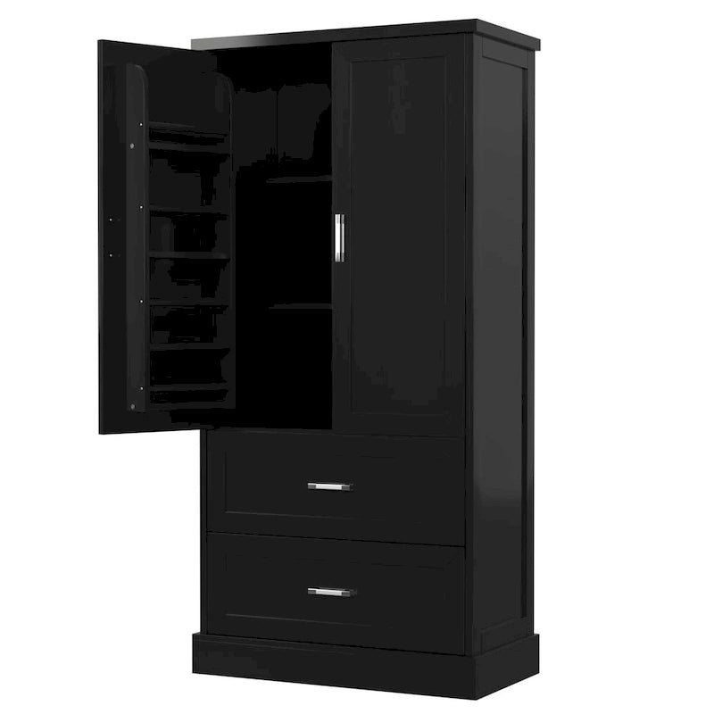 Tall Bathroom Storage Cabinet, Cabinet with Two Doors and Drawers, Adjustable Shelf, MDF Board, Black
