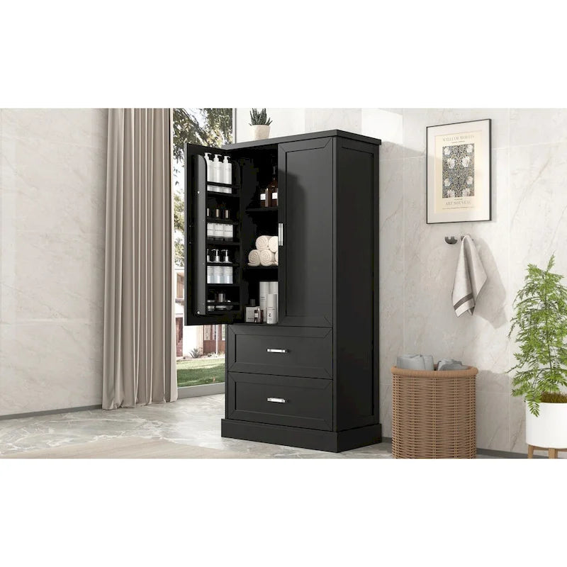 Tall Bathroom Storage Cabinet, Cabinet with Two Doors and Drawers, Adjustable Shelf, MDF Board, Black