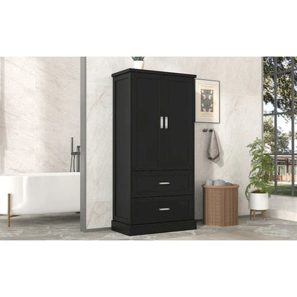 Tall Bathroom Storage Cabinet, Cabinet with Two Doors and Drawers, Adjustable Shelf, MDF Board, Black