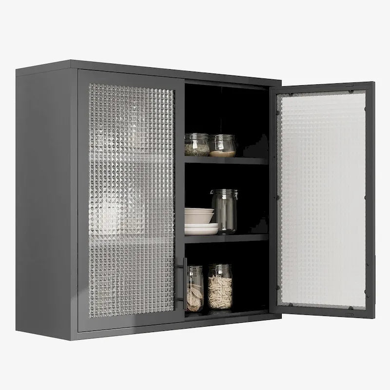 Wall Mounted Cabinet Table-Top Storage Cabinet with Hazy Glass Doors and 2 Adjustable Shelves for Living Room