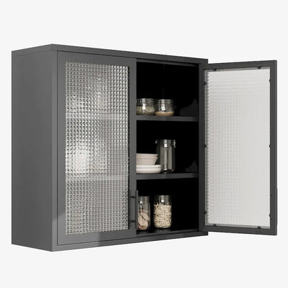 Wall Mounted Cabinet Table-Top Storage Cabinet with Hazy Glass Doors and 2 Adjustable Shelves for Living Room