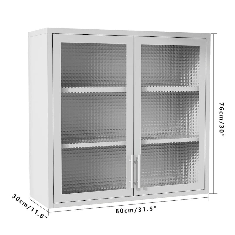 Wall Mounted Cabinet Table-Top Storage Cabinet with Hazy Glass Doors and 2 Adjustable Shelves for Living Room