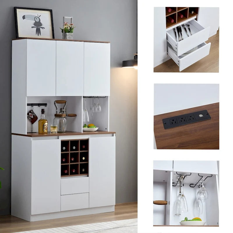 60.9 Farmhouse Coffee Bar Wine Cabinet with Charging Station