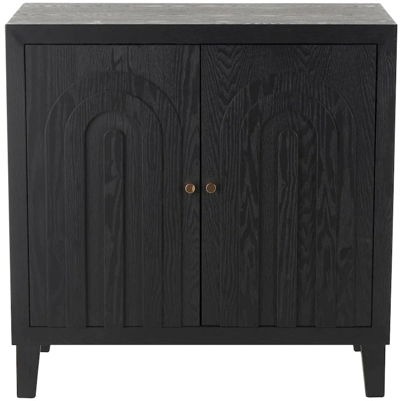 Wooden Geometric Art Deco Inspired Carved Arch 2 Door Room Cabinet with Gold Knobs - Black - Roche River Decor