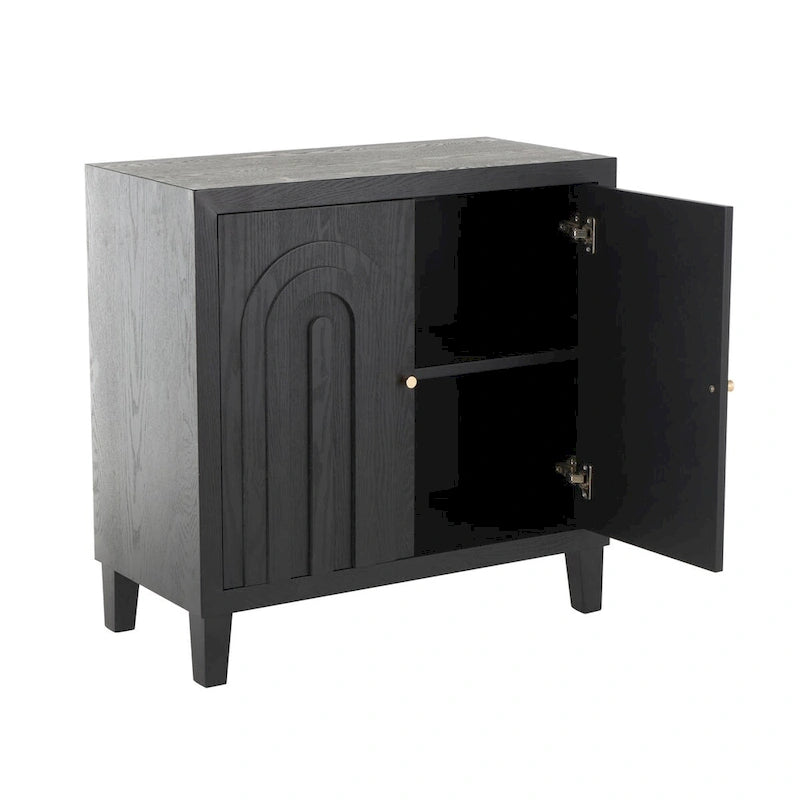 Wooden Geometric Art Deco Inspired Carved Arch 2 Door Room Cabinet with Gold Knobs - Black - Roche River Decor