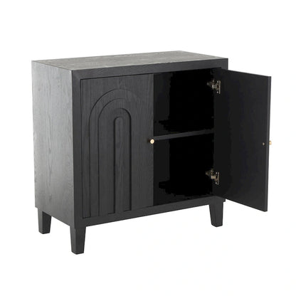 Wooden Geometric Art Deco Inspired Carved Arch 2 Door Room Cabinet with Gold Knobs - Black - Roche River Decor